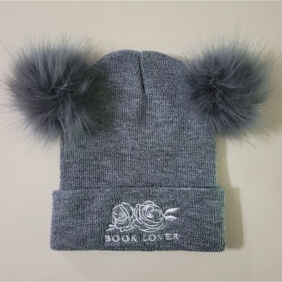 Women's Gray Double Fur Pompom Knitted Hat Book Lover Beanie - Picture 1 of 5